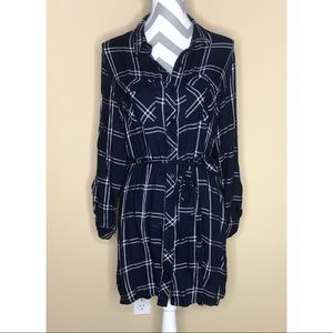 Navy Plaid Dress With Tie Waist